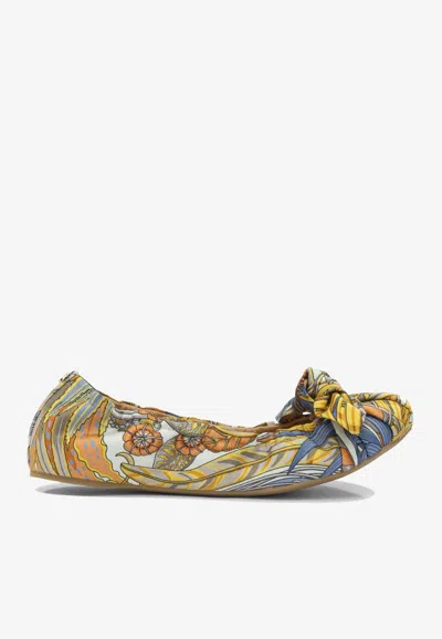 Ferragamo Fou Printed Satin Bow Ballet Flats In Multi
