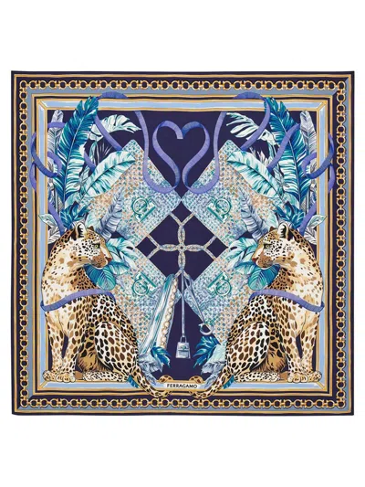 Ferragamo Light Oxford Blue Animal Print Scarf In Multi