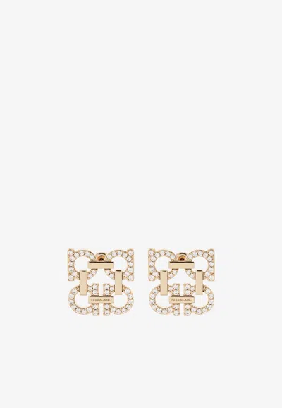 Ferragamo Crystal Embellished Four Gancini Clip On Earrings In Gold