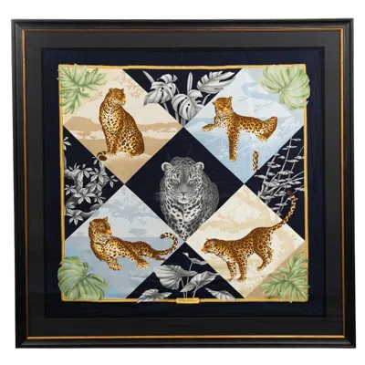 Pre-owned Ferragamo Framed Salvatore  Leopard Silk Scarf In Black
