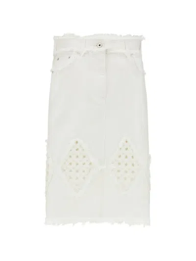 Ferragamo Frayed-edge Diamond-embroidered Midi Skirt In White