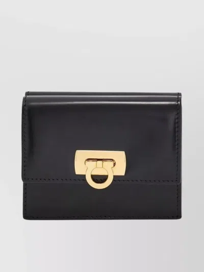 Ferragamo French Foldover Compact Gold Hardware In Black