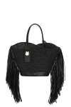 Ferragamo Fringed Raffia Tote Bag In Nero