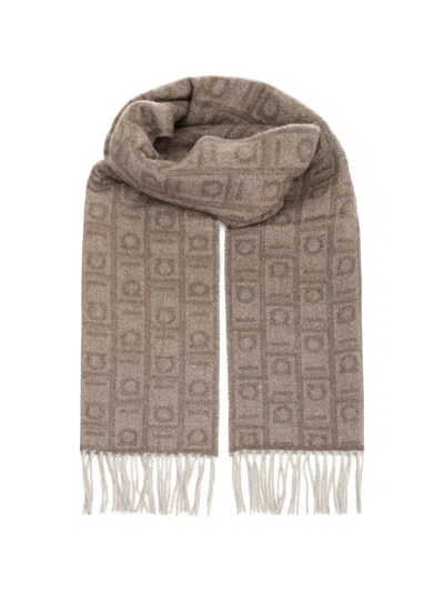 Ferragamo Fringe-detail Geometric-pattern Scarf In Purple