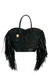 FERRAGAMO FRINGE RAFFIA & LEATHER TOTE