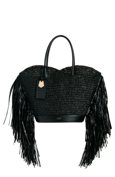 Ferragamo Fringed Raffia Tote Bag In Nero