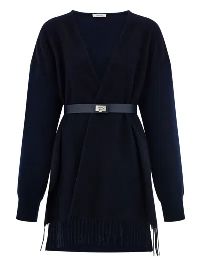 Ferragamo Fringed Belted Cardigan In Blue