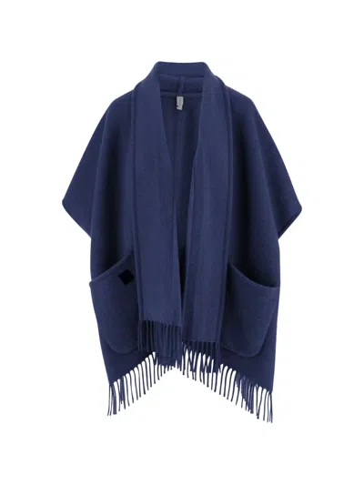 Ferragamo Fringed Cashmere Cape In Blue