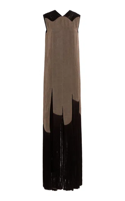 Ferragamo Fringed Linen-blend Long Dress In Brown