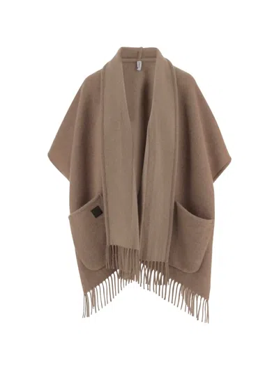 Ferragamo Fringed Patch-pocket Cape In Brown