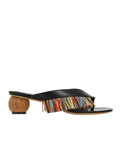 Ferragamo Fringed Thong Sandal In Black