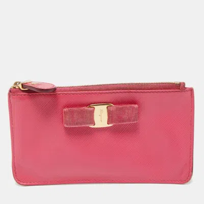 Ferragamo Fuchsia Leather Bow Zip Coin Purse In Pink