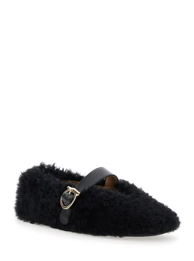 FERRAGAMO BLACK BALLERINAS WITH SHEARLING DESIGN AND BUCKLE IN LEATHER WOMAN