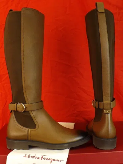 Pre-owned Ferragamo Furseo Pebbled Leather Brown Elastic Gancini Riding Tall Boots 5 In Brown/dark Brown