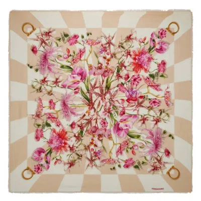 Ferragamo Gaia Floral Bloom Print Wool Shawl In Pink