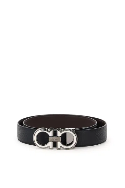 Ferragamo Reversible Embossed Gancini Leather Belt In Deep Ocean Nero