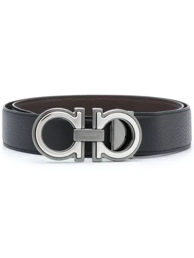 Ferragamo Elegant Reversible Leather Belt With Metallic Buckle In Black