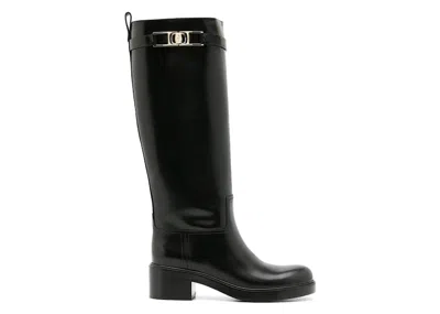 Pre-owned Ferragamo Gancini 55mm Knee Boots (women's) Sneakers In Black