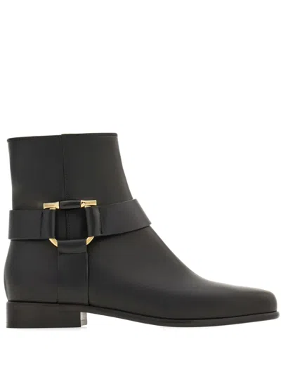 Ferragamo Gancini Ornament Ankle Boot In Black