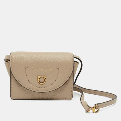 Pre-owned Ferragamo Gancini Beige Leather Card Case With Strap In Sand