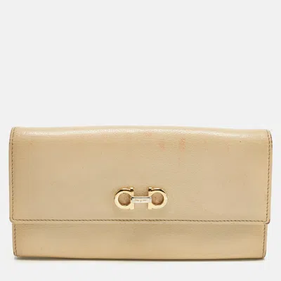 Ferragamo Gancini Beige Leather Continental Wallet In Brown