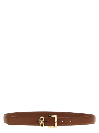 Ferragamo Double Gancini Leather Belt In Brown