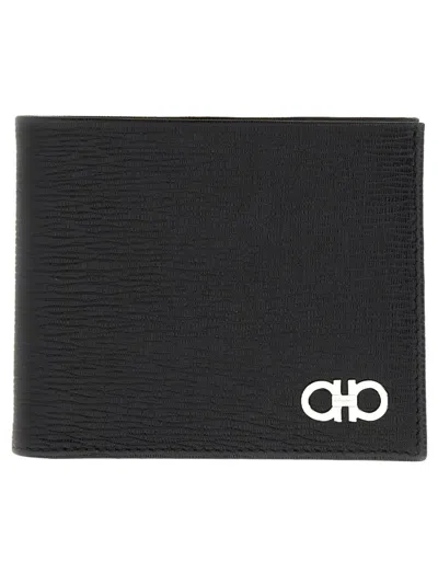 Ferragamo Gancini Bifold Textured Metallic Logo Leather Wallet In Black