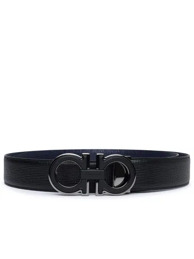 Ferragamo Gancini Black And Blue Calf Leather Reversible Belt