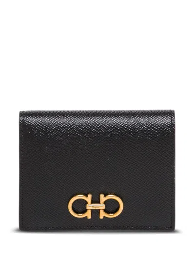 Ferragamo Gancini Black Bifold Wallet In Grained Leather Woman