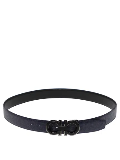 Ferragamo Gancini Black Calf Leather Leather Belt In Multi