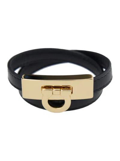Ferragamo Gancini Black Double Twist Bracelet In Leather Woman