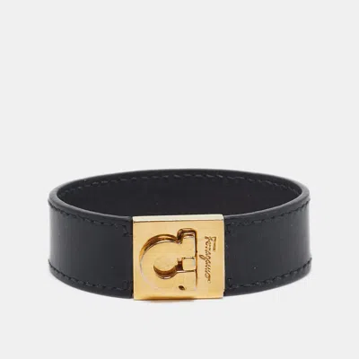 Ferragamo Gancini Black Leather Gold Tone Bracelet
