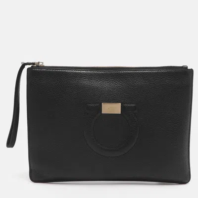 Ferragamo Gancini Black Leather Wristlet Clutch