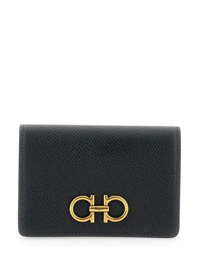 Ferragamo Gancini Black Wallet With Button Closure In Leather Woman