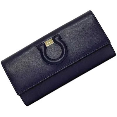 Pre-owned Ferragamo Gancini Blue Navy Leather Long Wallet (bi-fold) () In Multi