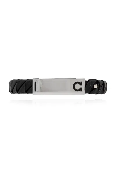 Ferragamo Gancini Brass And Calfskin Bracelet In Black