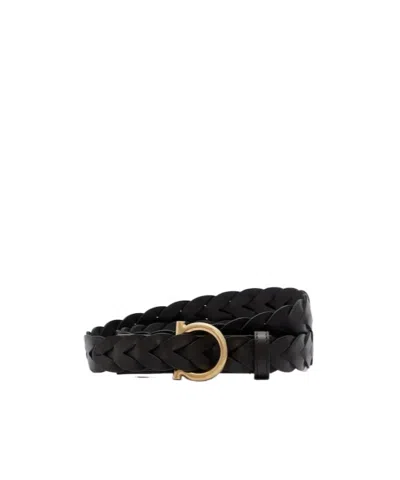Ferragamo Gancini Braided Leather Belt In Black
