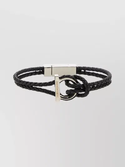 Ferragamo Gancini Braided Leather Bracelet In Black