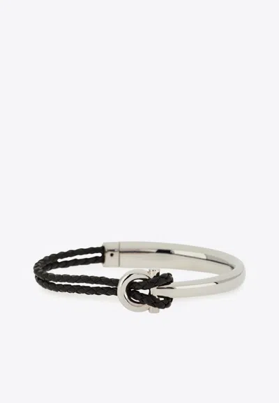 Ferragamo Gancini Braided Leather Bracelet In Black