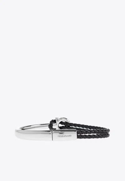 Ferragamo Gancini Braided Leather Bracelet In Black