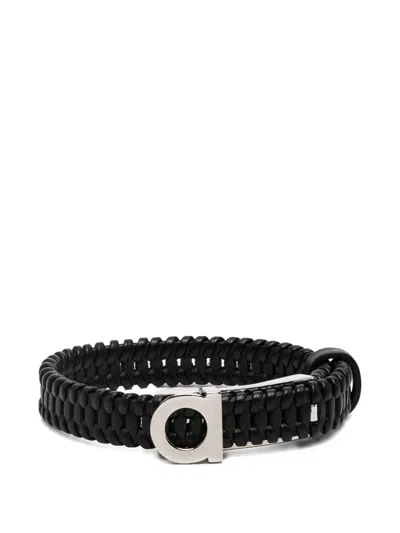 Ferragamo Gancini Braided Leather Bracelet In Black