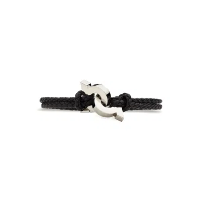 Ferragamo Gancini Braided Leather Bracelet In Black