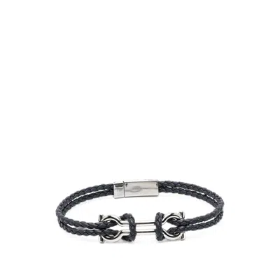 Ferragamo Gancini Braided Leather Bracelet In Black