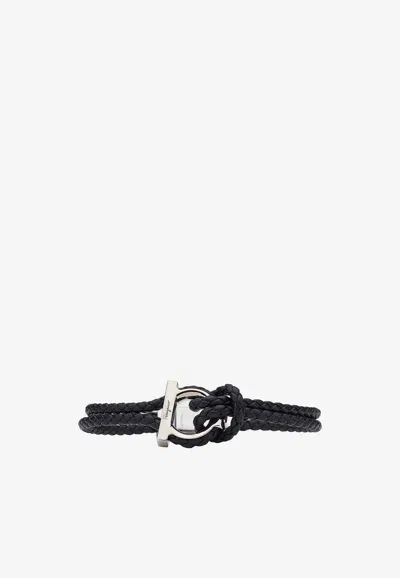 Ferragamo Gancini Braided Leather Bracelet In Black