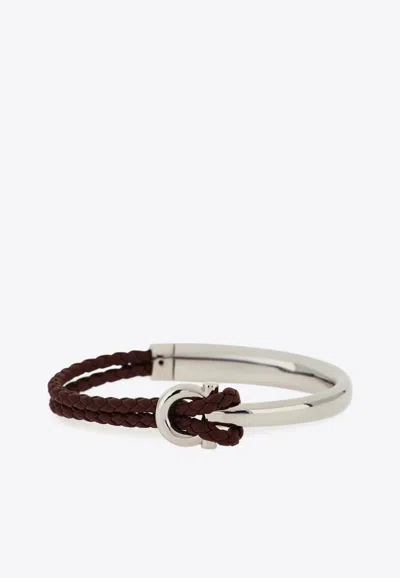 Ferragamo Gancini Braided Leather Bracelet In Brown