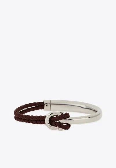 Ferragamo Gancini Braided Leather Bracelet In Brown