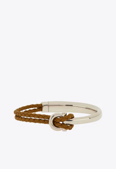 Ferragamo Gancini Braided Leather Bracelet In Brown