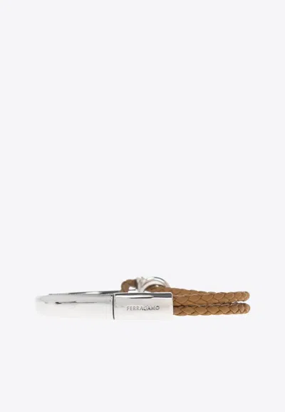 Ferragamo Gancini Braided Leather Bracelet In Brown