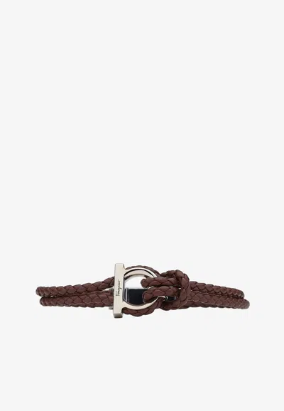 Ferragamo Gancini Braided Leather Bracelet In Brown