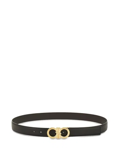 Ferragamo Narrow Black Calfskin Belt With Polished Gold-tone Buckle